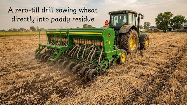 A zero-till drill sowing wheat directly into paddy residue